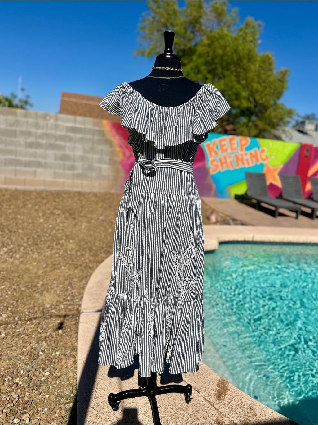 Tory Burch Seersucker Stripe Eyelet Midi Dress Belted Size 12